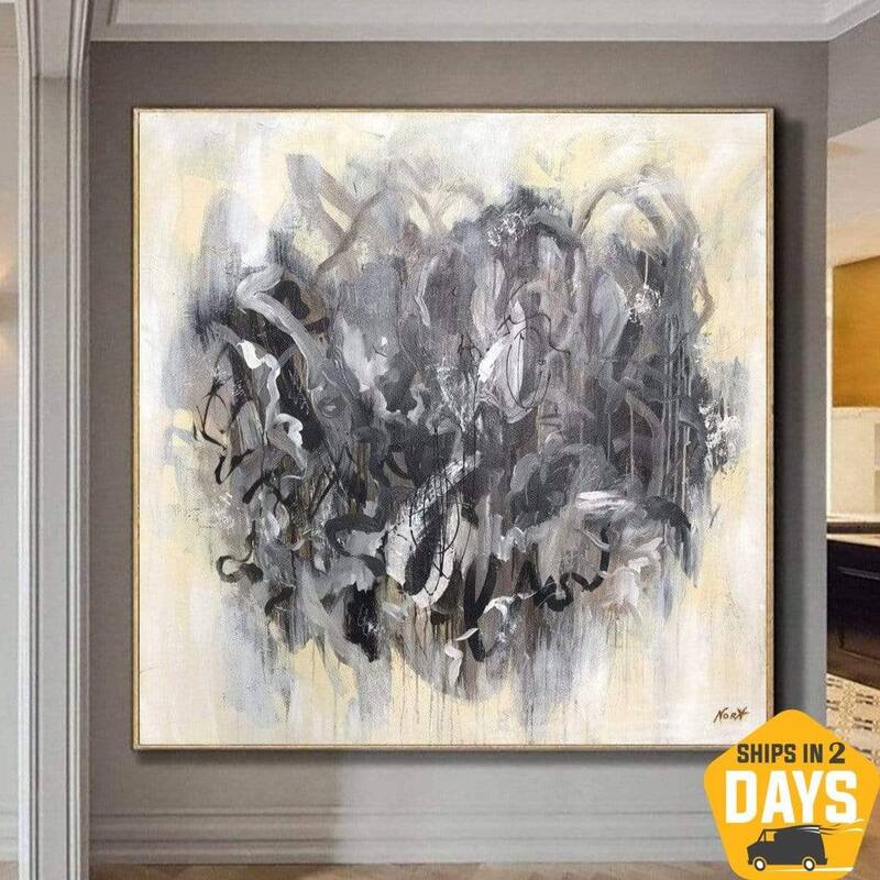 Large Original Acrylic Beige Art Abstract Gray Paintings On Canvas Modern Wall Art | THE HEART OF THE METROPOLIS 40"x40&...
