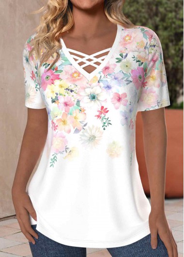 Modlily White Criss Cross Floral Print Short Sleeve T Shirt - XL