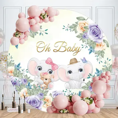 Aperturee Floral And Little Elephants Round Baby Shower Backdrop