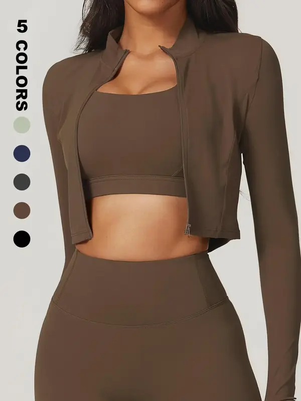 Women's Solid Thumb Hole Zip Up Crop Sports Jacket for Swinging Plate Gym, Sporty Long Sleeve Stand Collar Outerwear for Gym ...