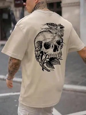 Unisex Halloween Regular Fit Skull & Leaf Print Round Neck Tee, Punk Street Soft Comfy Short Sleeve T-shirt for Daily Wear, C...