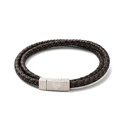 Microfiber Leather Braided Double Loops Wrap Bracelet with 304 Stainless Steel Magnetic Clasp for Men Women