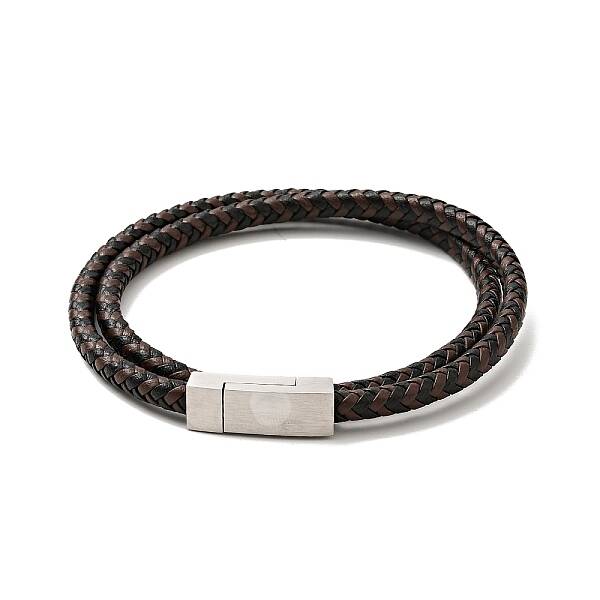 Microfiber Leather Braided Double Loops Wrap Bracelet with 304 Stainless Steel Magnetic Clasp for Men Women