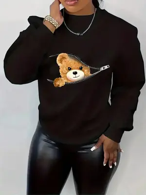 ćClearanceć Women's Cartoon Bear Print Drop Shoulder Longsleeves Crewneck Streetwear Pullover, Casual Womenswear Long Sl...
