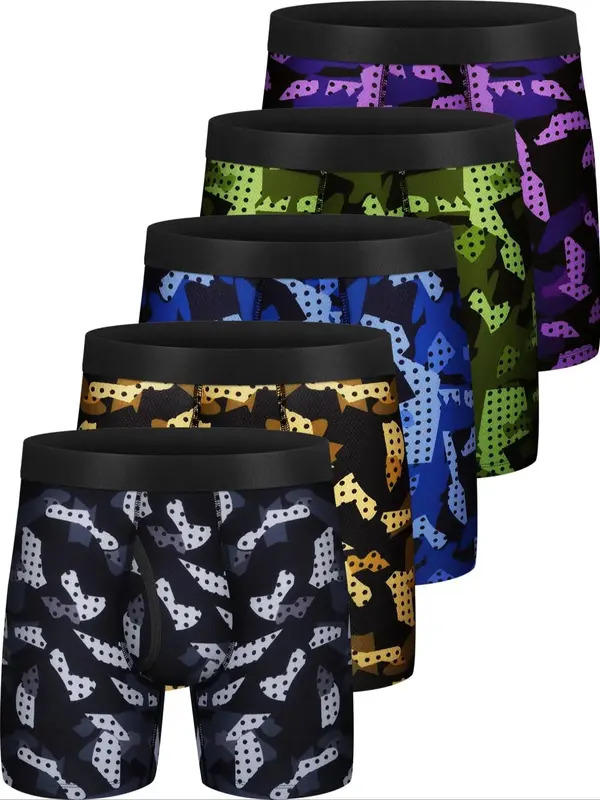 Men's 5pcs Camo Print Boxer Brief, Casual Comfy Breathable Underwear for Daily Wear, Menswear for All Seasons
