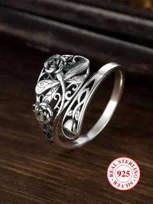 925 Sterling Silver Vintage Hollow Out Flower & Dragonfly Design Cuff Ring, Adjustable Size Ring, Fashion Matching Jewelry Ac...