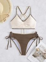 Women's Plain Contrast Trim Bikini Set, Casual Fashion Chic Tie Shoulder Swim Top & Swim Bottom Two-piece Swimsuit for Beach ...