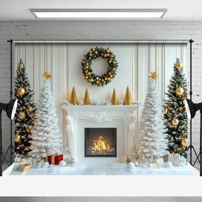 White Fireplace Tree Indoor Christmas Photo Backdrop - Aperturee