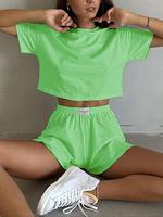 Women's Solid Crop Top & Shorts Loungewear Two-piece Set, Minimalist Casual Comfy Round Neck Top & Shorts Pj Set, Ladies Slee...
