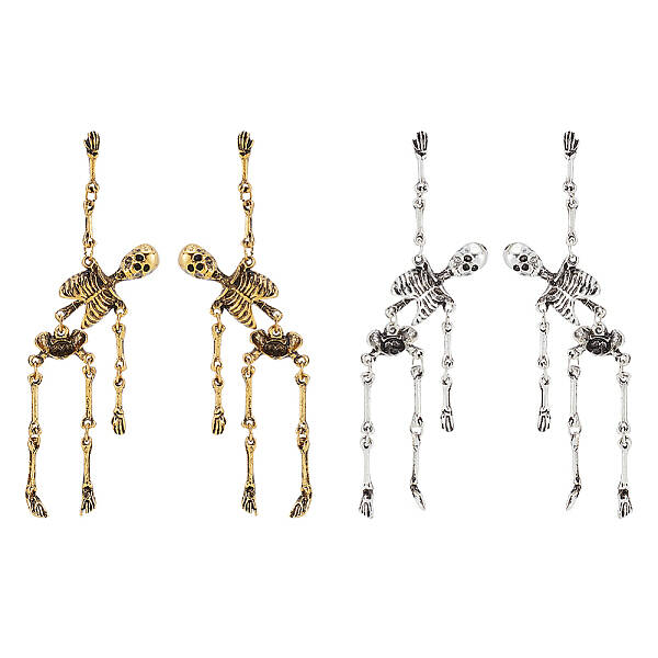2 Pairs 2 Colors Alloy Skeleton Skull  Dangle Stud Earrings for Halloween