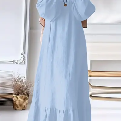 Elegant Plus Size Ruffled Hem Modest Dress - Long Sleeve, Solid Color Green, Stretchy Polyester Blend, Machine Washable, Perf...