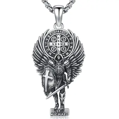 925 Sterling Silver Large Saint Michael Necklace St Michael and Benedict Medal Pendant,Archangel St.Michael Jewelry for Men w...