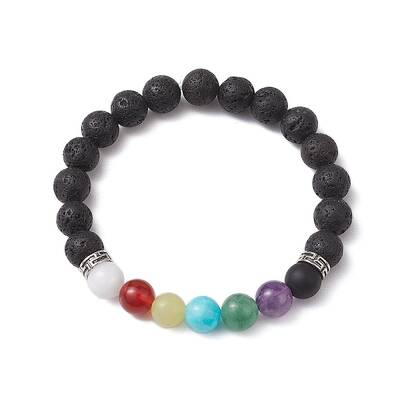 9mm Round Natural Lava Rock Chakra Beaded Stretch Bracelets for Women