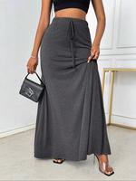 【Plus Size】 Solid Drawstring Waist A Line Skirt, Elegant Fashion Casual Long Skirt for Daily Outdoor Wear, Women Clothing...