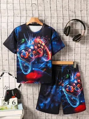 Two-Piece Set Boy's Game Console Print Short Sleeve Tee & Shorts Set, Casual Round Neck T-shirt & Shorts for Summer, Kids Clo...