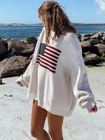 Women's American Flag Print Drop Shoulder Sweater, Casual Long Sleeve Round Neck Jumper for Spring & Fall, Comfort Top, Cloth...