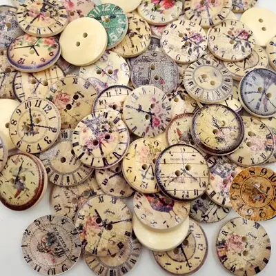 Mixed Style Wooden Clock Design Mini Button, 50pcs/set Round Double Hole Wooden Button, Sewing Accessories for Clothes, Diy D...