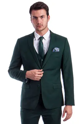 Forest Green Men's Slim Fit Two Button Vested Suit - Solid Basic Color