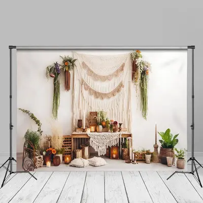 Boho Beige Curtain Plant Floral Cake Smash Backdrop - Aperturee
