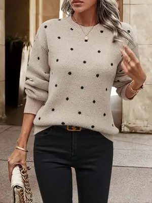 Women's Polka Dot Print Drop Shoulder Sweater, Casual Long Sleeve Round Neck Jumper for Fall & Winter, Fall Clothes, Pullover...