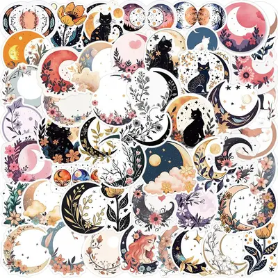 Moon & Flower Pattern Sticker, 50pcs Creative DIY Waterproof Self-adhesive Anime Naughty Stickers for DIY Ornaments, Laptop, ...