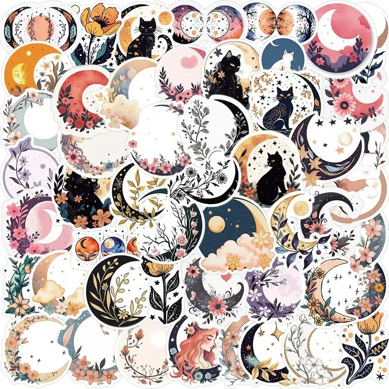 Moon & Flower Pattern Sticker, 50pcs Creative DIY Waterproof Self-adhesive Anime Naughty Stickers for DIY Ornaments, Laptop, ...