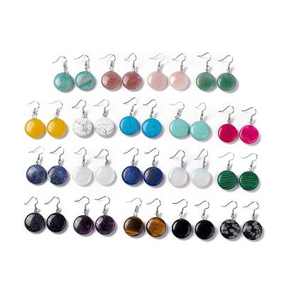 Gemstone Flat Round Dangle Earrings