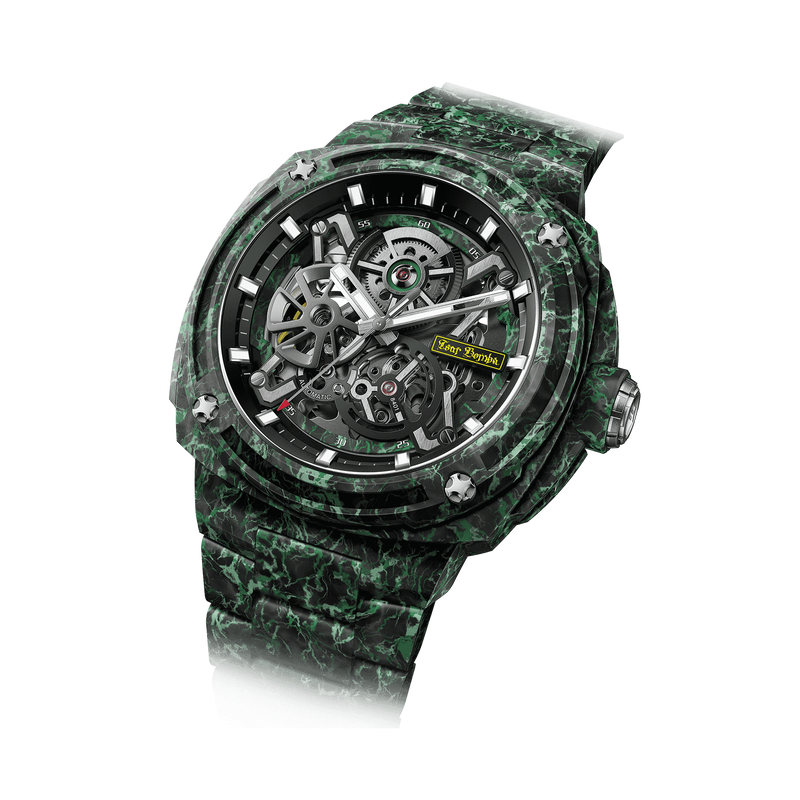 TSAR BOMBA Men's Carbon Fiber Automatic Watch | Skeleton Mechanical | Green | Electron Series | Seiko NH72 Movement | 10ATM W...