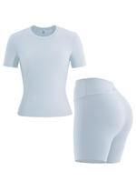 Two-piece Set Women's Solid Short Sleeve Round Neck Tee & High Waist Skinny Shorts Tracksuit Set, Sporty Breathable Comfortab...