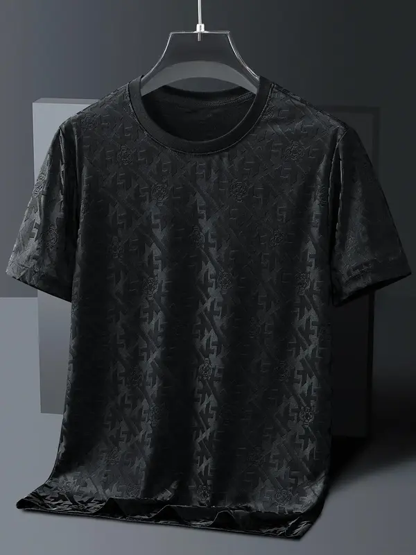 Men's All Over Geometric Pattern Round Neck Tee, Streetwear Regular Fit Casual Short Sleeve T-shirt for Summer, Apparel, Clot...