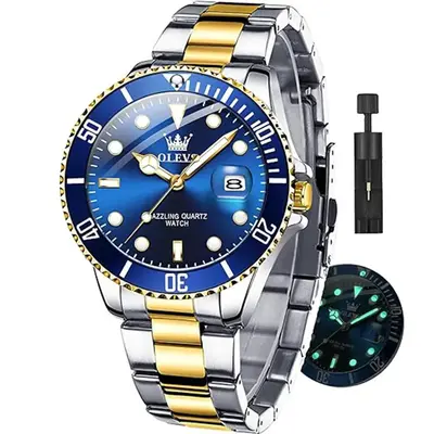 【dealsforyoudays】OLEVS Men's Luxury Dress Watch Blue Dial 40mm Stainless Steel Band Rotating Quartz Analog Waterproof Lum...