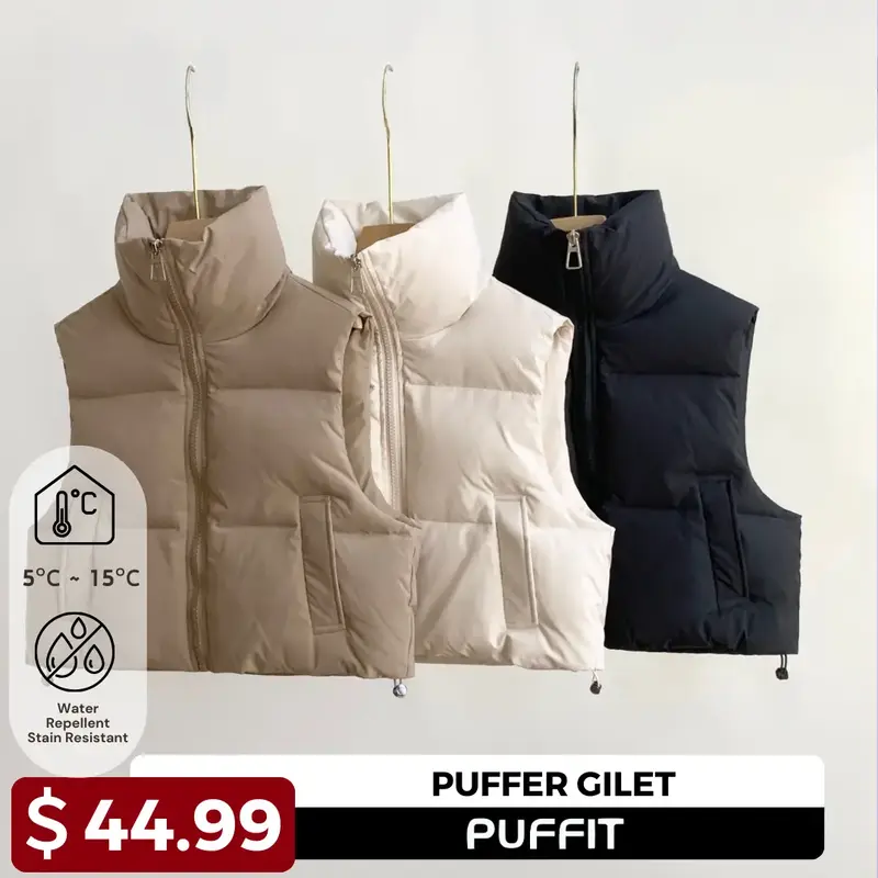 PUFFIT Cropped Puffer Vest Womenswear Tops, Full Zip Solid Color Vests for Women, Soft Stand Collar Sleeveless Pocket Design ...