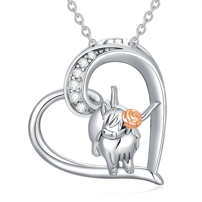 S925  Sterling Silver Two tone Highland Cow  Heart Pendant Necklace