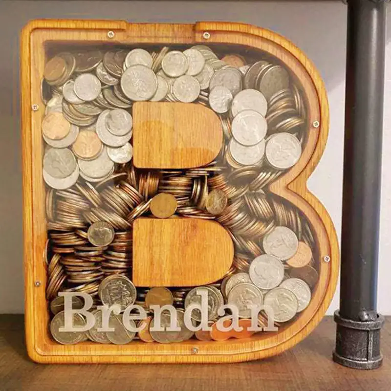1Pc Wooden Letter Piggy Bank,Coins Jar, Home Desktop Crafts Ornament Decor, Saving Money Tips, Saving Challenge Coin Money Sa...