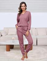 Womens Two Piece Outfits Lounge Sets Waffle Knit Long Sleeve Pullover Tops and Jogger Sweatpants Tracksuits 2025 Spring