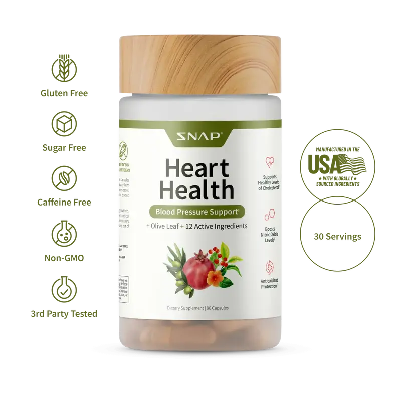 Snap Supplements - Heart Health - Support Healthy Blood Pressure and Circulation - 90 Capsules - Olive Leaf Extract, COQ10 - ...