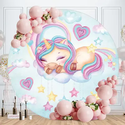 Aperturee Blue Sky And Pink Unicorn Round Happy Birthday Backdrop