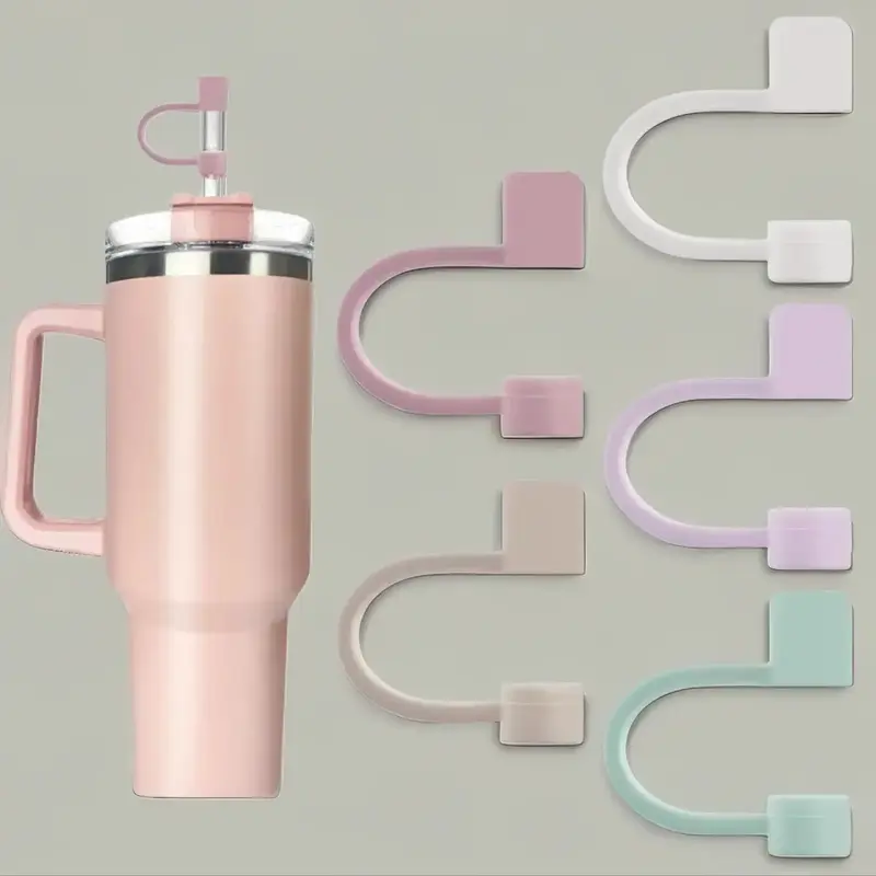 Reusable Silicone Straw Cover with Cup Lid, 5 Counts/set Dustproof Straw Cover, Dust Suppressant Straw Topper, Drinking Straw...