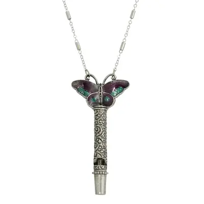 Pewter Whistle with Purple & Green Enamel Butterfly Necklace 30
