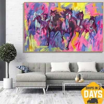 Abstract Running Horses Oil Paintings Colorful Animal Painting on Canvas Modern Artwork for Living Room | FINAL RACE 53"...