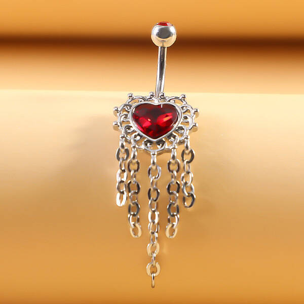 316L Surgical Stainless Steel Dark Red Cubic Zirconia Heart Curved Barbell Dangle Belly Rings