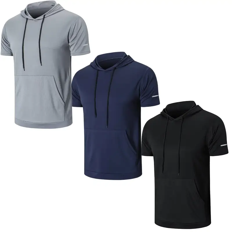 【Purchase one size larger】Men's Plain Round Neck Workout Short Sleeve Mesh Athletic T-Shirts with Hood Spring Sportswear ...