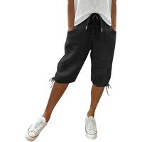 Women Knee Length Cotton Linen Elastic Waist Drawstring Shorts Summer Capris Pants with Pockets