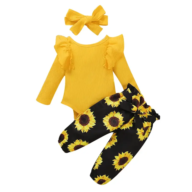 3 Pcs Baby Girls Outfits Casual Clothes Ribbed Knit Round Neck Ruffle Long Sleeve Romper Sunflower Print Pants with Bow Headb...