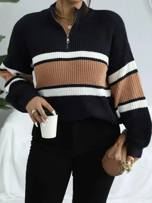 Women's Colorblock Striped Print Half Zip Up Mock Neck Sweater Tops, Casual Loose Drop Shoulder Sleeves Jumper, Women's Fall ...