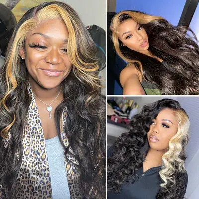 Highlight Blonde 13x4 Lace Front Wigs Blonde Skunk Stripe Hair Body Wave Brazilian Human Hair Natural Color