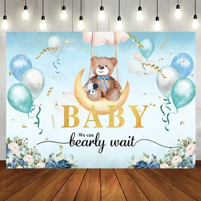 Aperturee Floral Balloons Moon Swing Bear Baby Shower Backdrop, 5X3FT(1.5X1M), 15.07 USD, baby shower backdrops, NYHD1I27-E