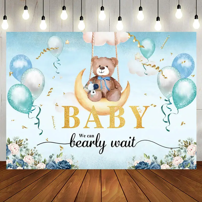 Aperturee Floral Balloons Moon Swing Bear Baby Shower Backdrop, 5X3FT(1.5X1M), 15.07 USD, baby shower backdrops, NYHD1I27-E
