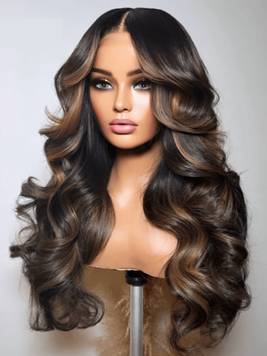 13x4 Pre-Everything™ Lace Front Espresso Brown With Highlights Bouncy Loose Wave Wig