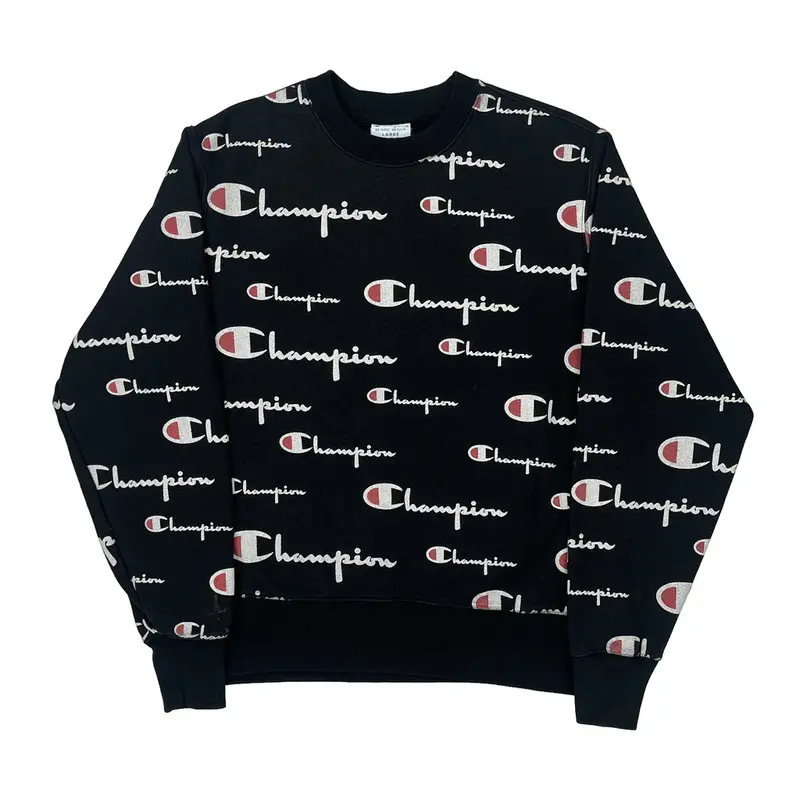 Reverse Weave Champion Spellout Sweatshirt - Large Black Cotton Blend